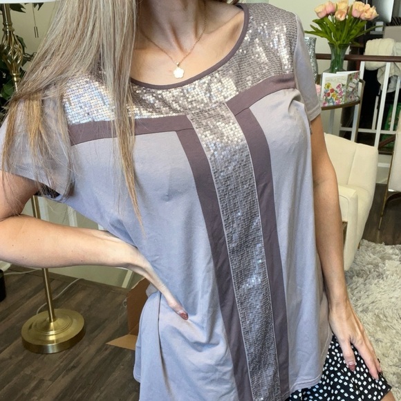 Taifun Tops - Taifun Sequined Detail Short Sleeve Round Neck Beige Top Shirt Holiday Party L